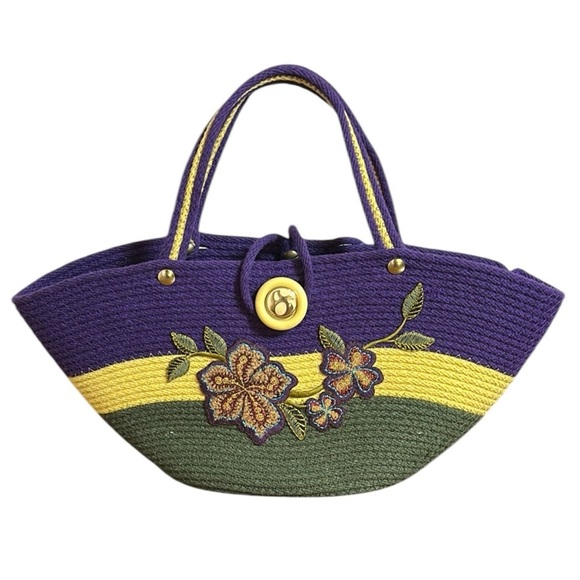 Unique Woven Rope Jute Bucket Floral Embroidered Purple and Green Handbag - Picture 9 of 16